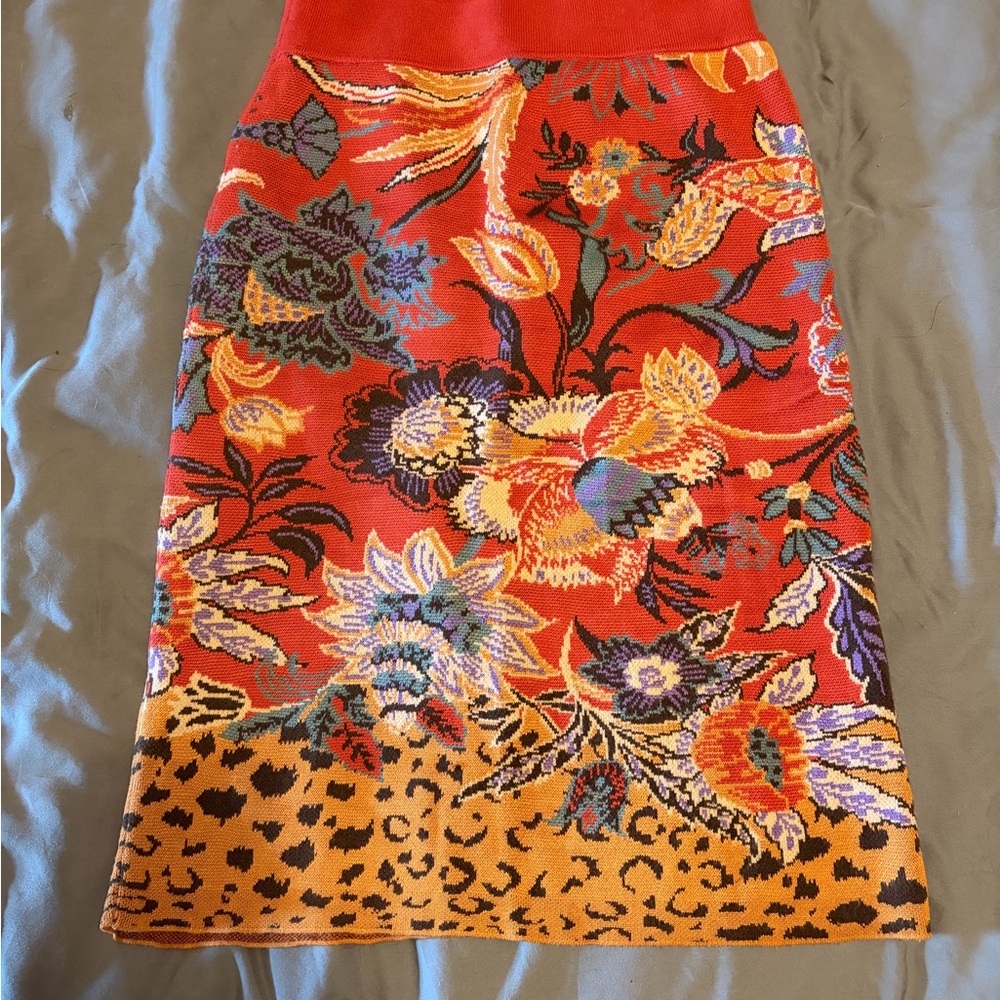 Anthropologie Red Floral & Leopard Knit Pencil Skirt